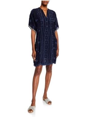 JOHNNY WAS Riza Embroidered Eyelet Dress in Navy size Small